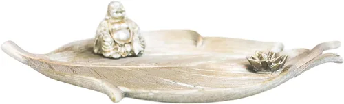 Vista 2 de Ebros Gift Buddhism Hotei Laughing Buddha sentado en Bodhi hoja de árbol con flor de loto incienso soporte quemador figura Zen Feng Shui hogar