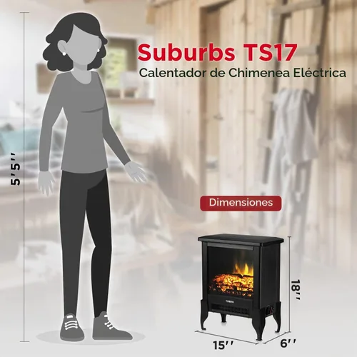 Vista 6 de TURBRO Suburbs TS17 - Estufa eléctrica compacta para chimenea, calentador independiente de 18 pulgadas con llama realista, certificado CSA