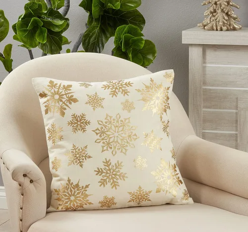 Vista 3 de SARO LIFESTYLE Funda de almohada con estampado de copos de nieve, dorado, 20 pulgadas