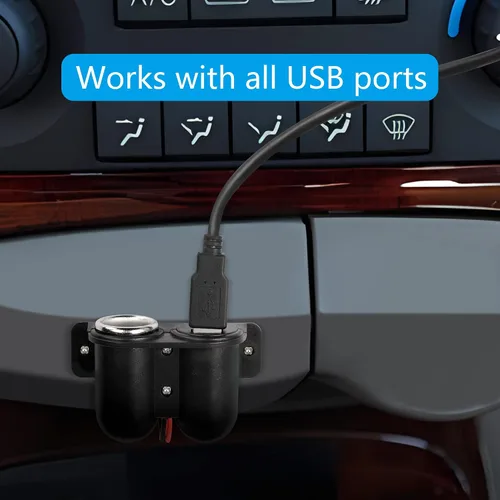 Vista 3 de Enchufe USB para encendedor de cigarrillos de 12 V, doble salida USB con cubierta para encendedor y cable, para automóvil, camión, RV, teléfono, etc