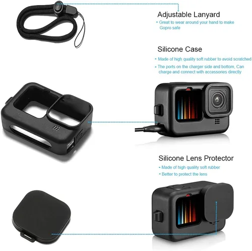 Vista 5 de Carcasa impermeable para GoPro Hero 13, 12, 11, 10, 9, protector de pantalla de vidrio templado negro, funda protectora de silicona, kit