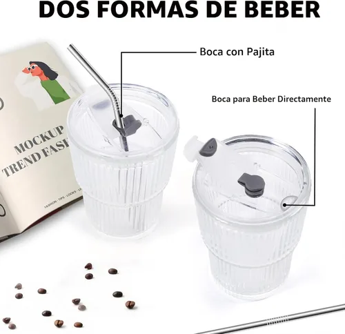 Vista 3 de Juego de 2 tazas de café helado con tapas y pajitas, vasos de plástico irrompibles de 16 onzas para bebidas reutilizables vaso de café helado