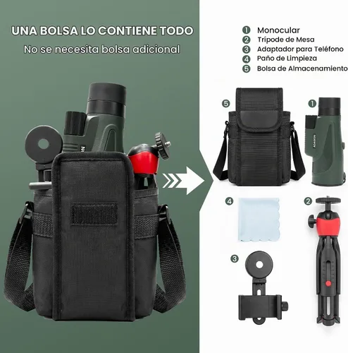 Vista 4 de Monoculares de 12 x 54 para adultos de alta potencia con adaptador de Verde
