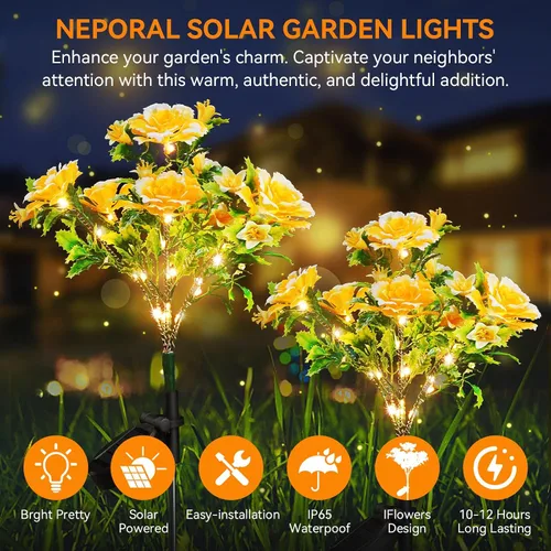Vista 2 de Neporal Luces solares de jardín, del atardecer al amanecer, flores al aire libre impermeables IP65 para decoración de jardín, luces solares, paquete