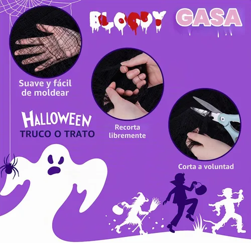 Vista 3 de Tela espeluznante de Halloween de 196 x 39 pulgadas, gasa espeluznante Negro
