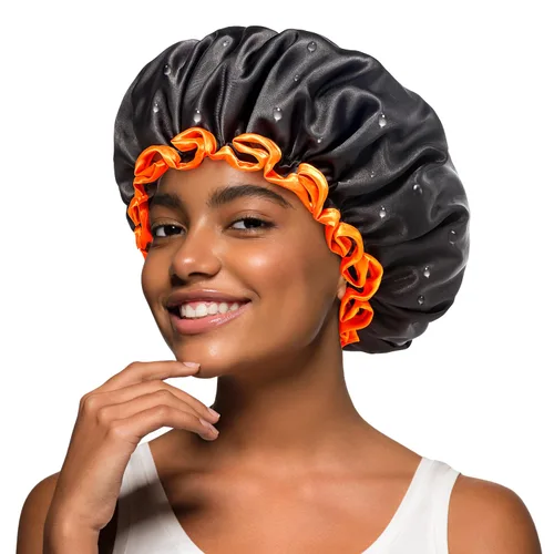 Vista 13 de Gorro de ducha negro extra grande para mujeres y hombres con cabello grueso, largo y trenzas, reutilizable, impermeable, de doble capa XL, gorros