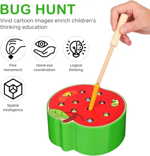 Vista 3 de STOBOK Juguete magnético de manzana, juguete Montessori de madera para habilidades motoras finas, divertido juego de captura de insectos para niños