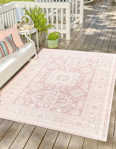 Vista 27 de Unique Loom Outdoor Aztec Collection Alfombra de área, Chalca (5 pies 3 pulgadas, octágono, aguamarina/marfil)