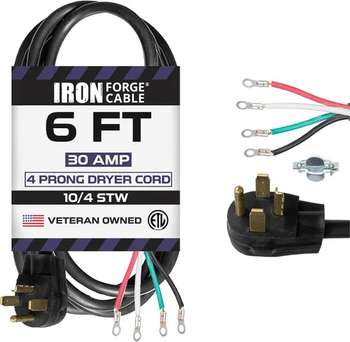 Vista 9 de Iron Forge Cable Cable de secado de 4 clavijas de 4 pies, negro 10/4 NEMA 14-30 enchufe cable de extensión de 30 amperios de 4 pies para secadora