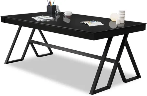 Vista 8 de Mesa de centro para sala de estar de 46 pulgadas, mesa de té de vidrio templado, mesa de cóctel, mesa de centro de patas triangulares de metal, mesa