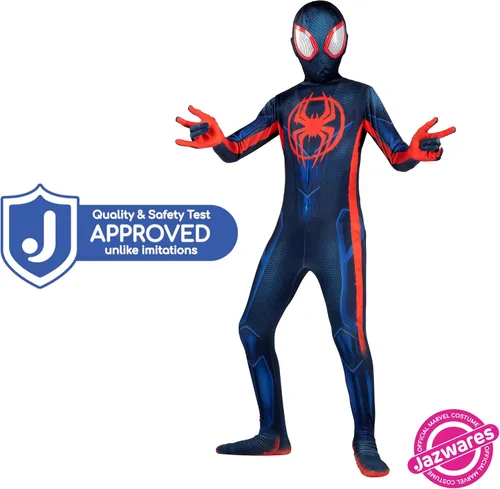 Vista 2 de Marvel Miles Morales - Traje Zentai oficial para jóvenes, overol de elastano con diseño impreso y máscara de elastano desmontable con ojos