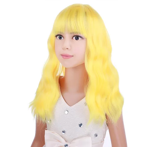 Vista 3 de PATTNIUM Peluca amarilla para niños, peluca corta ondulada amarilla con flequillo para niños, peluca amarilla sintética para niñas, cosplay, fiesta