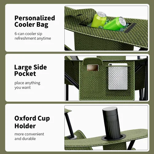Vista 4 de Silla plegable resistente de capacidad de 500 libras, sillas de campamento de gran tamaño con soporte para tazas, bolsa enfriadora y bolsa