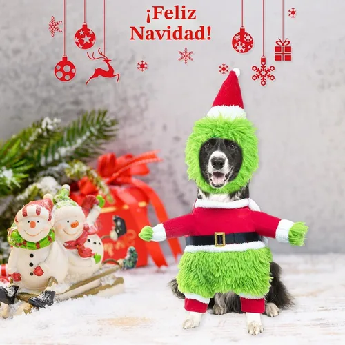 Vista 4 de NACOCO Dog Christmas Furry Costume - Xmas Halloween Dog Cosplay Clothes with Cape Hat Green Monster Funny Uniform Santa Outfits Party Favors Apparel