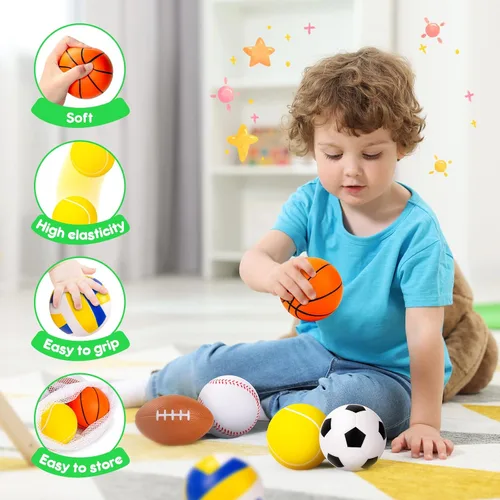 Vista 4 de PlayZap Paquete de 6 pelotas para niños pequeños, juego de pelotas suaves de espuma, 3.5 pulgadas, pequeñas, fútbol, baloncesto, béisbol, fútbol