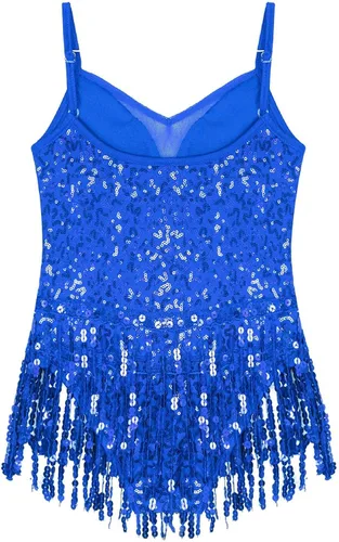 Vista 5 de Xnihocha Vestido de baile latino con borlas y lentejuelas brillantes para niñas y niñas, falda tutú, leotardo, moderno, disfraz de salón de jazz