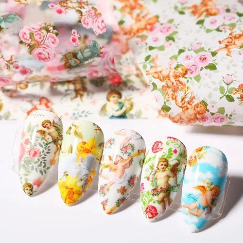 Vista 5 de 10 hojas de transferencia de lámina de uñas, diseño de flor de Cupido en ángulo, calcomanías de uñas, calcomanías de arte de uñas, tiras