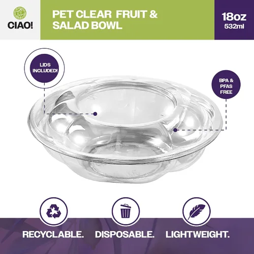 Vista 2 de CIAO! Tazón de fruta y ensalada PET transparente de 18 oz con tapa de cúpula rosa (150/caja)