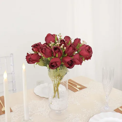Vista 8 de Efavormart - Paquete de 3 ramos de rosas artificiales de tacto real burdeos de 13 pulgadas, arreglos florales de seda Borgoña