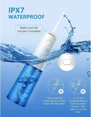 Vista 2 de Irrigador dental portátil recargable por USB, IPX7 impermeable, 4 boquillas con caja de almacenamiento, bolsa de viaje, batería de larga duración