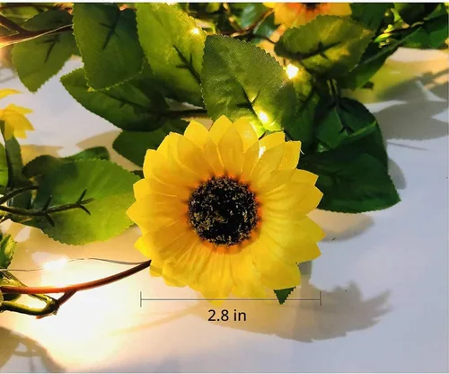 Vista 4 de Fielegen Guirnalda de 20 luces LED artificiales de girasol, vides de girasol de seda de 6.56 pies con 9 cabezas de flores, funciona