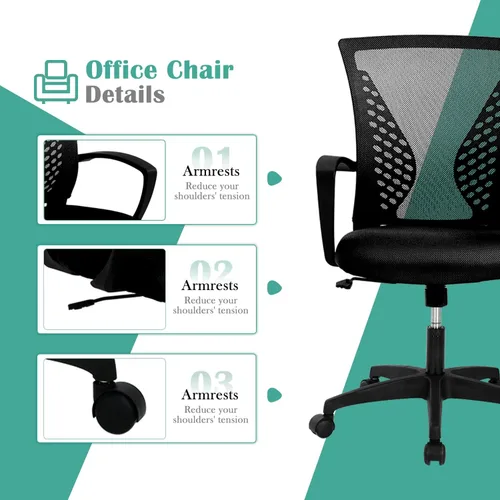 Vista 4 de Silla de oficina en casa, silla de escritorio ergonómica, respaldo medio, silla de computadora de PC con soporte lumbar y reposabrazos, silla