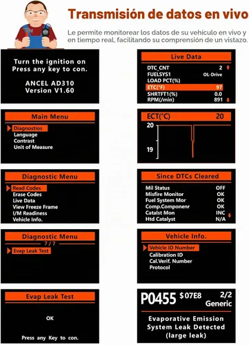 Vista 4 de ANCEL AD310 Escáner universal clásico mejorado OBD II, Lector de códigos de errores para motor de auto, Herramienta de escaneo de diagnósticos CAN