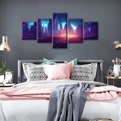 Vista 351 de Cuadros de 5 paneles de Cyberpunk City, arte de pared, representación de vallas publicitarias, edificios modernos en la capital con obras de arte