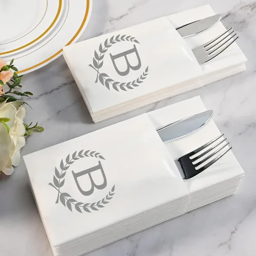 Vista 7 de Servilletas de bolsillo con monograma de plata, 100 servilletas de cena con letra B con bolsillo integrado para cubiertos, servilletas de canguro