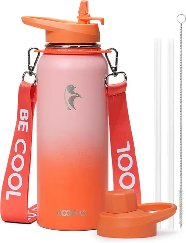 Vista 9 de Botella de agua Coolflask de 40 onzas con correa, botella de agua metálica aislada con popote y tapas con pico, acero inoxidable de doble pared al