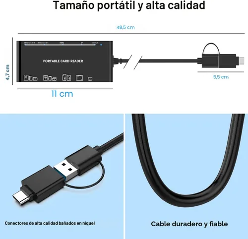 Vista 7 de Lector de tarjetas múltiples USB C USB3.0 para tarjetas SD, CF, Micro SD, XD, MS - Adaptador Hub 7 en 1 para Windows, Mac, Linux, Android
