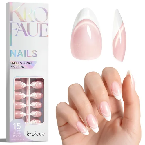 Vista 20 de Krofaue Uñas postizas con punta francesa: uñas cuadradas cortas a presión Puntas de uñas cuadradas francesas mate