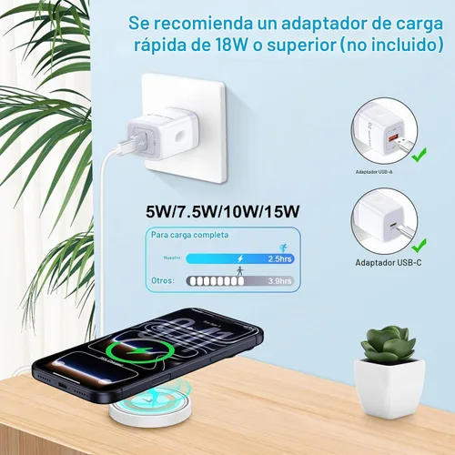 Vista 2 de Cargador inalámbrico magnético MagSafe cargador de carga rápida para iPhone 17e/17 Pro Max Air 16 15 Plus 14 13 12, AirPods, USB-C/A Mag-Safe Base