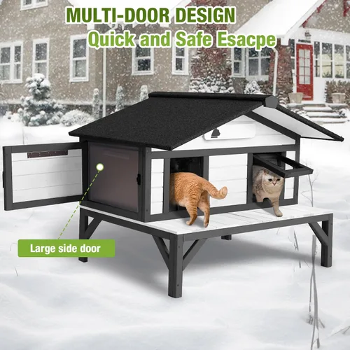 Vista 5 de Casa climatizada para gatos al aire libre, resistente a la intemperie, refugio grande para gatos con forro 100% aislado para múltiples gatos, casas