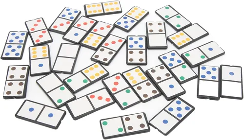 Vista 8 de Juego de dominó, juego de 28 piezas de dominó doble de seis juegos de dominó de plástico portátil, juego interactivo con puntos coloridos para niños