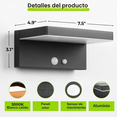 Vista 4 de Luces Solares con Sensor de Movimiento para Exteriores, 2 Unidades - 600 Lúmenes, 3 Modos, IP44, Impermeables, Luz de Pared Solar de Aluminio
