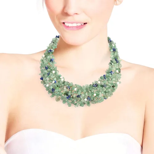 Vista 4 de AeraVida Collar con babero de trío de lapislázuli azul simulado de perlas de agua dulce cultivadas con cuarzo verde y azul, Perla