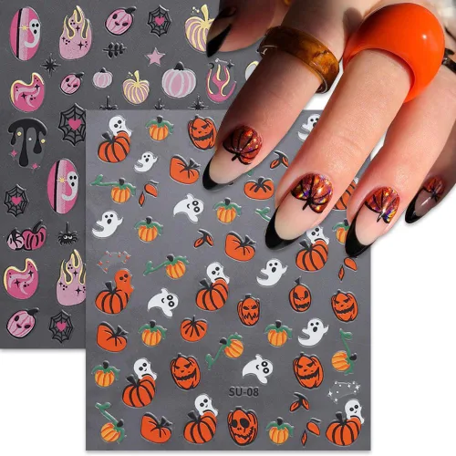 Vista 3 de 8 hojas de calcomanías de uñas de Halloween con diseños de fantasmas lindos, calabaza, araña, telaraña, sangre, llama 3D, autoadhesivas, Otoño