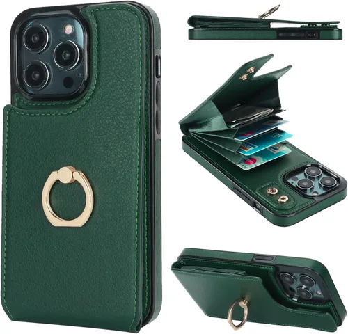 Vista 40 de Folosu Funda tipo billetera compatible con iPhone 14 con soporte para tarjetas, soporte de anillo para dedo con rotación de 360° y función atril