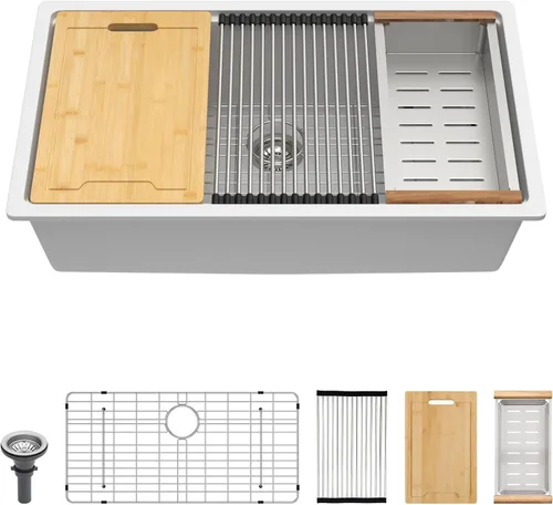 Vista 16 de Lordear Fregadero de Bar Empotrado de Granito Compuesto de 18 Pulgadas 18"x18" Fregaderos de Cocina de Cuarzo Compuesto Negro de Un Solo Tazón Bajo