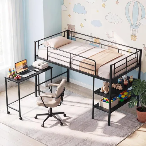 Vista 11 de Giantex Cama baja tipo loft tamaño individual, marco de metal resistente con estantes de almacenamiento, escalera y barandillas de longitud
