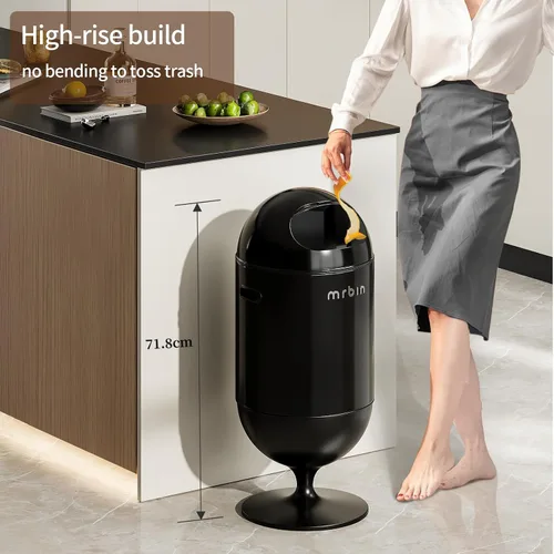 Vista 2 de MRBIN Bote de basura de metal con tapa, cesta de basura decorativa mediana de 5.3 galones / 20 litros, basura redonda alta con patas altas para Negro