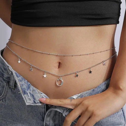Vista 2 de Cadena de cintura con estrellas y luna en capas, cadena de vientre ajustable multicapa, cadena de vientre para verano, playa, bikini, cadena