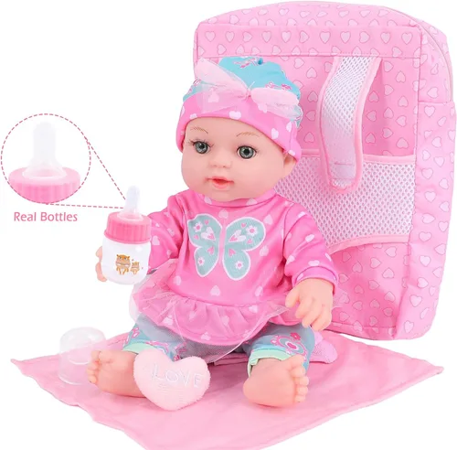 Vista 4 de DONTNO Muñeca de bebé de 12 pulgadas con ropa y mochila, muñeca Reborn con pezón de biberones