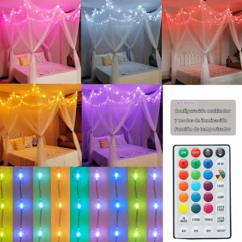 Vista 3 de Obrecis - Dosel de cama blanco con luces de estrella para niñas, cortinas de cama de princesa de 8 esquinas con 100 luces LED en forma de estrella