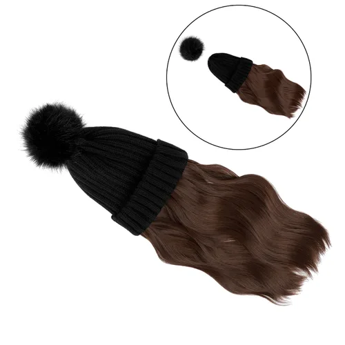 Vista 4 de Gorro para mujer con pelo adjunto, gorro de punto cálido con pompón unido de 14 pulgadas de largo, ondulado, extensiones de cabello rizado, postizo