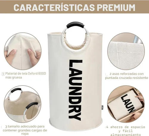 Vista 7 de DOKEHOM Cesta grande para ropa sucia de 90 litros, cesta alta plegable Beige