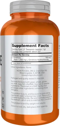 Vista 2 de NOW Sports Nutrition, L-ornitina en polvo, metabolismo de proteínas* y desintoxicación de urea*, aminoácidos, 8 onzas