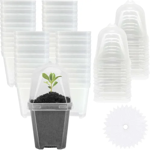 Vista 8 de EBaokuup 10 macetas transparentes para vivero de plantas con cúpula de humedad, maceta de plástico reutilizable de 3 pulgadas con etiquetas