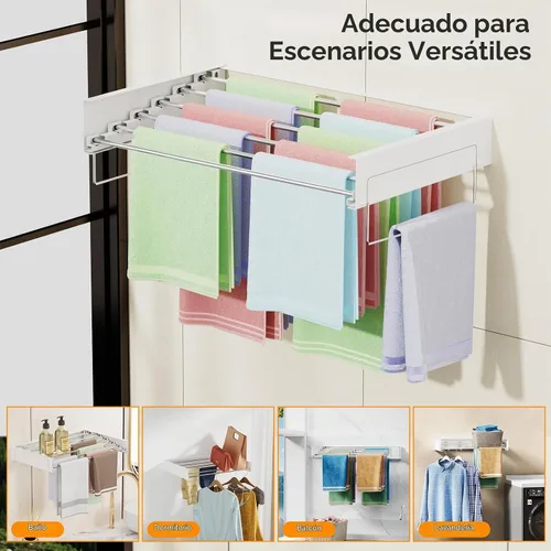 Vista 5 de Tendedero de Ropa Montado en la Pared, Tendedero de Secado de Ropa Montaje en Pared, Colgador de Ropa Plegable con 2 Asas para Toallas y Plantilla